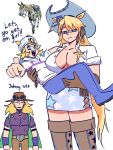  1girl 2boys absurdres animal_ears blonde_hair blue_hat boots breasts brown_boots brown_gloves brown_hat cape cleavage elbow_gloves english_text gloves green_cape gyro_zeppeli hat highres horse_ears johnny_joestar jojo_no_kimyou_na_bouken large_breasts looking_at_viewer multiple_boys personification pointing purple_eyes purple_shirt shirt slow_dancer_(jojo) starlinkman steel_ball_run tall_female umamusume white_background white_shirt 