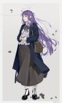  1girl absurdres alternate_costume apron artist_name black_coat black_shoes border bow bowtie butterfly_earrings closed_mouth coat collared_shirt commentary contemporary cup disposable_coffee_cup disposable_cup drinking_straw earrings english_commentary falling_leaves fern_(sousou_no_frieren) floating_hair footwear_bow frilled_socks frills full_body grey_background grey_shirt grey_skirt highres holding holding_cup jewelry leaf long_hair long_skirt long_sleeves looking_at_viewer open_clothes open_coat plaid_bow plaid_bowtie plaid_clothes purple_bow purple_eyes shirt shoes sideways_glance simple_background skirt smile soar_wle socks solo sousou_no_frieren standing trench_coat turning_head very_long_hair waist_apron white_border white_socks wing_collar 