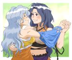  2girls absurdres bare_shoulders blush bread_master breasts chirizuka_ubame colored_eyebrows colored_eyelashes commentary crop_top detached_sleeves dress english_commentary grey_hair grin hand_on_another's_back highres holding_hands long_hair looking_at_viewer medium_breasts midriff multiple_girls navel orange_dress purple_eyes red_eyes sakata_nemuno smile touhou upper_body yuri 