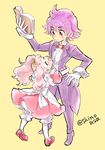  1girl apron aroma_(go!_princess_precure) aroma_(go!_princess_precure)_(human) blush book bow bowtie brother_and_sister butler closed_eyes formal full_body go!_princess_precure happy height_difference hug long_hair pantyhose personification pink_footwear pink_hair pink_skirt precure puff_(go!_princess_precure) puff_(go!_princess_precure)_(human) purple_eyes purple_footwear purple_hair red_bow shinoasa shoes siblings skirt suit surprised twintails twitter_username white_bloomers white_legwear yellow_background 