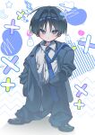  1boy aged_down alternate_costume black_hair black_jacket black_pants black_shoes black_sleeves blue_hair blue_necktie blunt_ends blush child choppy_bangs closed_mouth collared_shirt contemporary crescent dress_pants dress_shirt formal_clothes frown full_body genshin_impact ghost grey_eyes hair_intakes highres jacket lightning_bolt_symbol looking_at_viewer male_focus medicine multicolored_hair necktie open_clothes open_jacket oversized_clothes oxfords pants scaramouche_(genshin_impact) shirt shoes skalamushu sleeves_past_fingers sleeves_past_wrists solo split_mouth standing star_(symbol) streaked_hair suit_jacket tsurime undershirt white_background white_shirt wing_collar 