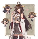  ahoge black_hair blue_eyes brown_hair cup double_bun fang glasses hairband haruna_(kantai_collection) heart hiei_(kantai_collection) japanese_clothes kantai_collection kirishima_(kantai_collection) kongou_(kantai_collection) kugi_ta_hori_taira long_hair multiple_girls nontraditional_miko one_eye_closed open_mouth pantyhose short_hair skirt smile teacup thighhighs 