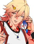  1boy alternate_costume arm_tattoo arm_up blonde_hair charm_(object) commentary contemporary earrings english_commentary facial_mark gradient_hair hair_between_eyes hair_ornament hairclip honkai:_star_rail honkai_(series) jewelry male_focus medium_hair multicolored_hair multiple_earrings mydei_(fig_stew)_(honkai:_star_rail) mydei_(honkai:_star_rail) neck_tattoo necklace ngop parted_lips piercing red_hair red_tattoo ring simple_background solo star_(symbol) tank_top tattoo white_background white_tank_top wristband 