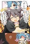  1boy 1girl animal_costume brown_hair comic fire_emblem fire_emblem_if gradient_hair hair_over_one_eye halloween halloween_costume lazward_(fire_emblem_if) momosemocha multicolored_hair pieri_(fire_emblem_if) red_eyes translated twintails wolf_costume 