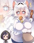  +_+ 2girls absurdres animal_ear_fluff animal_ears animal_hands arms_under_breasts arrow_(symbol) bag bell blue_eyes blush breasts cat_ears cat_tail chibi chibi_inset collar commentary_request drawstring english_commentary erigo food food_in_mouth gloves hair_intakes haraga_kurumi heart heart_in_eye highres holding holding_with_tail hood hood_down hood_up hoodie ikayaki jingle_bell kimi_no_koto_ga_dai_dai_dai_dai_daisuki_na_100-nin_no_kanojo large_breasts long_sleeves looking_at_viewer mixed-language_commentary mouth_hold multiple_girls neck_bell nekonari_tama nose_blush paper_bag paw_gloves personality_switch pink_collar prehensile_tail short_hair smile solid_circle_eyes sparkle symbol_in_eye tail taiyaki wagashi white_hair white_hoodie zoom_layer 