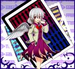  bow bowtie card directional_arrow dress gimicalmas hand_in_pocket jacket kishin_sagume long_sleeves md5_mismatch open_clothes purple_dress red_eyes shirt short_hair silver_hair single_wing smile solo touhou wings 