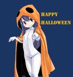  bangs blue_background blue_hair blush bodysuit breasts cloak closed_mouth costume english fairy_tail from_side ghost_costume grey_eyes hair_between_eyes halloween halloween_costume happy_halloween head_tilt hood legs_together light_smile long_hair looking_at_viewer mashima_hiro mittens official_art pose simple_background skin_tight small_breasts smile solo standing turtleneck wendy_marvell 