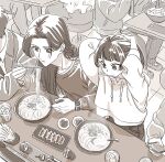  blunt_bangs chopsticks chopsticks_in_mouth commentary_request contemporary crowded cup dangomochi2 dumpling eating food from_above hair_over_shoulder hair_tie hands_in_own_hair highres holding holding_chopsticks holding_hair_tie holding_phone holding_spoon hood hood_down hoodie jacket jiaozi jinshi_(kusuriya_no_hitorigoto) kusuriya_no_hitorigoto long_hair maomao_(kusuriya_no_hitorigoto) noodles parted_bangs parted_lips phone ramen restaurant sepia sitting spoon steaming_food suit_jacket sweater tile_floor tiles underwear watch white_hoodie wristwatch 