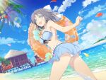  1girl :d beach beach_house bikini bikini_skirt black_bow blue_bikini blue_eyes blush bow bow_bikini breasts chest_bow cleavage coconut coconut_tree floral_print frilled_bikini frilled_innertube frills grey_hair hair_bow innertube island large_breasts looking_at_viewer medium_hair ocean official_alternate_costume official_art open_mouth palm_leaf palm_tree petals pink_petals polka_dot polka_dot_bikini print_innertube red_petals sand senran_kagura senran_kagura_new_link smile solo sparkle splashing striped_bow swim_ring swimsuit tree water wet white_bow yellow_petals yumi_(senran_kagura) 