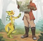  1boy 1girl belt boots breasts brown_belt brown_boots brown_gloves brown_pants bulge coat colored_skin commentary english_commentary erection erection_under_clothes fog forest furry furry_female gloves green_skin highres holding holding_map kobold map musa_(waspsalad) nature nipples open_mouth original outdoors pants red_coat reptile_girl size_difference small_breasts tail waspsalad 