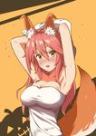  5-shiki absurdres animal_ears armpits bare_shoulders blush breasts cleavage collarbone fang fate/extra fate_(series) fox_ears fox_tail highres large_breasts long_hair looking_at_viewer open_mouth pink_hair solo sweat sweatdrop tail tamamo_(fate)_(all) tamamo_no_mae_(fate) tears twintails yellow_eyes 