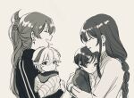  2boys 2girls alternate_costume alternate_universe baby beidou_(genshin_impact) blunt_bangs braid carrying carrying_person closed_eyes commentary contemporary earrings english_commentary from_side genshin_impact hair_between_eyes hair_over_one_eye hnily_uwu jacket jewelry kaedehara_kazuha long_hair long_sleeves looking_to_the_side monochrome mother_and_son multicolored_hair multiple_boys multiple_girls open_mouth parted_lips raiden_shogun scaramouche_(genshin_impact) scaramouche_(kabukimono)_(genshin_impact) scarf single_braid streaked_hair sweater upper_body 
