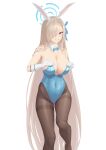  1girl absurdres animal_ear_hairband animal_ears asuna_(blue_archive) asuna_(bunny)_(blue_archive) asymmetrical_bangs black_pantyhose blonde_hair blue_archive blue_bow blue_bowtie blue_eyes blue_halo blue_leotard blue_ribbon bow bowtie breasts cleavage detached_collar drachsss fake_animal_ears feet_out_of_frame hair_over_one_eye hairband halo highres large_breasts leotard long_hair mole mole_on_breast pantyhose playboy_bunny rabbit_ears ribbon simple_background solo standing strapless strapless_leotard thighband_pantyhose traditional_bowtie white_background 