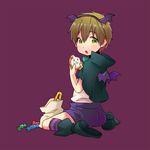  animal_ears blush boots brown_hair candy candy_cane cape cat_ears cookie food free! from_behind full_body green_eyes halloween head_wings kneehighs looking_back male_focus memeo_(candy_house) mini_wings purple_legwear shorts solo striped striped_legwear tachibana_makoto wings 