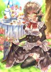  1girl absurdres black_legwear blush brown_hair butterfly cat flower highres maid_headdress moe2015 pink_flower short_hair sky sweets teapot thighhighs touki_matsuri tree 