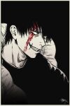  1boy adam's_apple blank_eyes blood blood_on_face border closed_mouth commentary_request evil_smile fushiguro_touji greyscale highres inventory_curse_(jujutsu_kaisen) jujutsu_kaisen male_focus monochrome nenashibito scar scar_on_face scar_on_mouth short_hair signature smile solo spot_color teeth white_border 