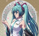  ahoge armpits bare_shoulders blush detached_sleeves fingernails hair_between_eyes hair_ornament hatsune_miku hatsune_miku_(vocaloid3) headphones highres long_hair moto7927 nail_polish necktie number open_mouth revision simple_background solo twintails upper_body very_long_hair vocaloid 