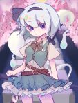  1girl belt black_belt black_hairband black_ribbon blue_eyes buttons cherry_blossoms closed_mouth collared_shirt commentary_request cowboy_shot green_skirt green_vest grey_hair hairband hand_on_hilt highres katana konpaku_youmu konpaku_youmu_(ghost) looking_at_viewer mukong233028 neck_ribbon outdoors petticoat ribbon shirt short_hair short_sleeves skirt skirt_set solo stairs standing sword touhou vest weapon 