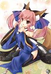 animal_ears bare_shoulders black_legwear blush bow breasts chize detached_sleeves fate/extra fate_(series) fox_ears fox_tail hair_bow hair_ribbon japanese_clothes long_hair medium_breasts open_mouth pink_hair ribbon sitting solo tail tamamo_(fate)_(all) tamamo_no_mae_(fate) thighhighs twintails type-moon wariza yellow_eyes 