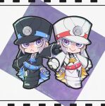  2boys black_gloves black_hat brothers chibi chibi_only commentary_request emmet_(pokemon) emmet_(sygna_suit)_(pokemon) full_body gloves grey_hair hat ingo_(pokemon) ingo_(sygna_suit)_(pokemon) looking_at_viewer male_focus multiple_boys muno_(muno_sougooo) official_alternate_costume pokemon pokemon_masters_ex purple_eyes siblings standing thick_outlines white_gloves white_hat 