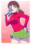  breasts brown_hair cowboy_shot hand_on_hip kouda_tomohiro long_hair long_sleeves medium_breasts money osomatsu-kun osomatsu-san plaid plaid_skirt red_shirt shirt skirt solo twintails yowai_totoko 