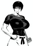  1girl black_hair black_shirt breasts clenched_hand compression_shirt cowboy_shot english_commentary fushiguro_touji genderswap genderswap_(mtf) greyscale grin highres jujutsu_kaisen large_breasts looking_to_the_side monochrome muscular muscular_female pants scar scar_on_face scar_on_lip scar_on_mouth shirt short_hair smile solid_circle_eyes solo tight_clothes tight_shirt tomatoketchup96 tsurime white_background white_pants 