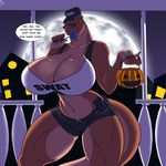  2015 anthro big_breasts breasts cleavage clothed clothing dinosaur english_text female halloween holidays huge_breasts solo text zp92 