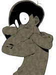  akiomi_aiko bad_id bad_pixiv_id constricted_pupils from_behind hood hoodie male_focus matsuno_juushimatsu monochrome osomatsu-kun osomatsu-san red_eyes shaded_face simple_background sleeves_past_wrists solo spot_color upper_body white_background 
