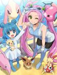  2girls absurdres black_pantyhose blue_eyes blue_hair blush boots breasts cleavage closed_mouth commentary_request double_bun dress eevee gloves goggles goggles_on_head gorebyss green_eyes grey_boots hair_bun highres jovi_(pokemon) large_breasts leaning_forward long_hair long_sleeves looking_at_viewer lovrina_(pokemon) luvdisc milotic minun multiple_girls one_eye_closed open_mouth pantyhose pink_hair plusle pokemoa pokemon pokemon_(creature) pokemon_xd shoes short_hair shuckle sleeveless sleeveless_dress smile thigh_boots twintails very_long_hair white_dress white_gloves 