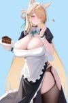  1girl absurdres animal_ears apron aqua_bow aqua_bowtie black_choker black_dress black_thighhighs blonde_hair blue_background bow bowtie braid breasts cake cake_slice chocolate_cake choker cleavage closed_mouth dress earrings food fork frilled_apron frilled_headwear frilled_wrist_cuffs frills garter_straps hair_ornament hair_over_one_eye hair_rings hands_up highres holding holding_fork holding_plate jewelry lahz52 large_breasts long_hair looking_at_viewer lynae_(wuthering_waves) maid maid_apron maid_headdress panty_straps plate puffy_short_sleeves puffy_sleeves purple_eyes short_sleeves single_hair_ring skull_hair_ornament solo standing star_(symbol) star_earrings thighhighs thighs very_long_hair white_apron white_headdress white_wrist_cuffs wrist_cuffs wuthering_waves 