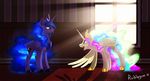  2015 blue_eyes blue_hair cutie_mark duo equine feathered_wings feathers female feral friendship_is_magic hair hi_res horn inside long_hair mammal multicolored_hair my_little_pony open_mouth princess_celestia_(mlp) princess_luna_(mlp) rublegun sibling sisters winged_unicorn wings 