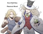  2boys absurdres ball blonde_hair blue_eyes blue_lips blue_shirt copyright_name cosplay gyro_zeppeli hat highres holding holding_ball johnny_joestar jojo_no_kimyou_na_bouken jonathan_joestar jonathan_joestar_(cosplay) lsf_(805661342) multiple_boys muscular muscular_male name_connection pants phantom_blood shirt smile steel_ball_run suit top_hat white_background white_hat white_pants white_suit will_anthonio_zeppeli will_anthonio_zeppeli_(cosplay) 