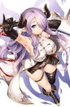  armpits bare_shoulders black_gloves blue_eyes blush breasts butterfly_hair_ornament demon_horns draph elbow_gloves gloves granblue_fantasy hair_ornament hair_over_one_eye horns large_breasts lavender_hair long_hair narmaya_(granblue_fantasy) pointy_ears shinozuka_atsuto simple_background single_thighhigh smile solo thighhighs weapon white_background 