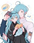  2boys ? absurdres ahoge aqua_hair black_kimono black_veil blue_sleeves blush brothers carrying carrying_person child closed_mouth commentary eighth_note ensemble_stars! fish food green_eyes hair_between_eyes highres holding holding_another's_hair holding_food humming japanese_clothes kimono kk2z long_hair long_sleeves looking_at_another looking_at_food multiple_boys musical_note parted_lips shinkai_kanata shinkai_konata short_hair siblings smile sparkle spoken_food spoken_question_mark stuffed_manatee sweater taiyaki turtleneck untranslatable_commentary veil very_long_hair wagashi white_background white_sweater 