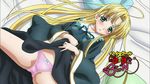  ahoge asia_argento bed blonde_hair copyright_name dress eyecatch green_eyes high_school_dxd high_school_dxd_born highres long_hair looking_at_viewer lying on_back open_mouth panties pink_panties solo underwear very_long_hair 