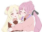  2girls :d ^_^ anyoji_hime black_ribbon blonde_hair blush closed_eyes closed_mouth commentary fang flower frown hair_flower hair_ornament hair_ribbon hands_on_another's_arm highres hood hooded_jacket hug hug_from_side jacket link!_like!_love_live! love_live! mayocha_(mayoke_chaya) mira-cra_park! multi-tied_hair multiple_girls nose_blush open_clothes open_jacket open_mouth osawa_rurino parted_bangs pink_flower pink_hair pink_jacket ponytail raised_inner_eyebrows ribbon simple_background smile twintails untranslatable_commentary upper_body virtual_youtuber white_background 