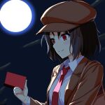  1girl breasts brown_hair brown_hat brown_jacket collared_shirt commentary_request flat_cap full_moon hat jacket mist9801km moon necktie open_clothes open_jacket red_eyes red_necktie shameimaru_aya shameimaru_aya_(newsboy) shirt short_hair small_breasts smile solo touhou white_shirt 