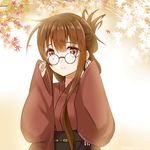  bespectacled blush brown_eyes brown_hair eko folded_ponytail glasses inazuma_(kantai_collection) japanese_clothes kantai_collection kimono long_hair looking_at_viewer sleeves_past_wrists smile solo yukata 