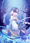  bare_tree black_hair blue_eyes braid chariot.f double_bun haku_(p&amp;d) long_hair looking_back multicolored_hair puzzle_&amp;_dragons solo spandex tail tiger_tail tree white_hair 