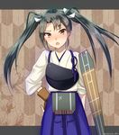  blush brown_eyes cosplay cowboy_shot eko flight_deck grey_hair hair_ribbon hand_on_hip kaga_(kantai_collection) kaga_(kantai_collection)_(cosplay) kantai_collection long_hair looking_at_viewer muneate open_mouth ribbon solo tasuki twintails zuikaku_(kantai_collection) 