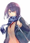  bag blazer blush commentary_request hair_over_one_eye haru_(hiyori-kohal) headgear jacket kantai_collection looking_at_viewer necktie purple_eyes purple_hair red_neckwear scarf school_bag school_uniform short_hair shoulder_bag simple_background solo sweater_vest tenryuu_(kantai_collection) upper_body white_background 