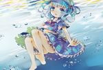  bare_legs barefoot blue_hair bubble dress hair_bobbles hair_ornament hat hiyuu_(hiyualice) kawashiro_nitori legs open_mouth outstretched_arms pocket red_ribbon ribbon shirt short_hair short_sleeves skirt skirt_set solo touhou two_side_up underwater wet wet_clothes 