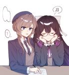  2girls ? absurdres alternate_costume black_hair black_jacket black_necktie blazer blue_eyes blue_hat blue_jacket bow braid brown_hair brown_sweater bun_with_braided_base chinese_commentary closed_eyes closed_mouth collared_shirt columbina_(genshin_impact) commentary_request contemporary elbow_rest genshin_impact glasses hair_bow hair_bun hair_ribbon hat head_rest highres holding holding_pen jacket jixushendushuimian light_smile long_hair long_sleeves multicolored_hair multiple_girls musical_note neck_ribbon necktie open_clothes open_jacket open_mouth paper pen purple_hair purple_ribbon ribbon sandrone_(genshin_impact) school_uniform semi-rimless_eyewear shirt streaked_hair sweater under-rim_eyewear v-neck white_background white_bow white_ribbon white_shirt 