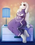  2015 anthro barefoot caprine clothed clothing drawer female fur goat guinefurrie hi_res horn lamp long_ears mammal sitting smile solo toriel undertale video_games white_fur 