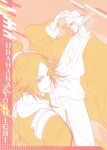  1boy 1girl beard_stubble bleach bucket_hat commentary_request facial_hair haori hat highres japanese_clothes korean_commentary long_hair samue sanam_1piece shihouin_yoruichi striped_clothes striped_hat striped_headwear stubble taichou_haori urahara_kisuke 