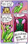  &lt;3 antennae arthropod bow brown_eyes cicada_(species) comic drooling duo english_text eyelashes female humor insect jugglingdinosaur mantis purple_eyes saliva sparkles tears text 