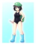  backpack bag bare_legs black_eyes black_hair black_school_swimsuit blush boots breasts dark_haired_kappa full_body hand_on_hip hat isaki_(gomi) kappa_mob key looking_at_viewer one-piece_swimsuit school_swimsuit short_hair simple_background small_breasts smile solo swimsuit touhou wrench 