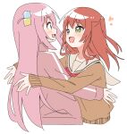  2girls :d blue_eyes blush bocchi_the_rock! bow bowtie brown_shirt commentary cropped_torso cube_hair_ornament eye_contact gotoh_hitori green_eyes hair_ornament happy haru_(konomi_150) heart highres hug jacket kita_ikuyo long_hair long_sleeves looking_at_another multiple_girls one_side_up open_mouth pink_hair pink_jacket red_bow red_bowtie red_hair sailor_collar school_uniform shirt shuka_high_school_uniform simple_background smile track_jacket upper_body white_background white_sailor_collar yuri 