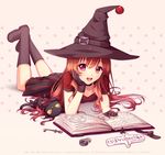  :d black_cat black_gloves book boots borrowed_character cat choker collarbone commission dress gloves hand_on_own_cheek hat hyanna-natsu key knee_boots lock long_hair looking_at_viewer lying on_back on_stomach open_book open_mouth original red_dress red_eyes red_hair simple_background smile solo witch_hat yellow_sclera 