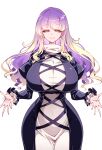  1girl :> black_dress blonde_hair breasts closed_mouth commentary_request cowboy_shot dress earrings eyelashes fingernails gradient_hair half-closed_eyes highres hijiri_byakuren huge_breasts jewelry juliet_sleeves long_fingernails long_hair long_sleeves looking_at_viewer multicolored_hair puffy_sleeves purple_hair raptor7 reaching reaching_towards_viewer sidelocks simple_background smile solo standing touhou turtleneck two-tone_dress wavy_hair white_background white_dress yellow_eyes 